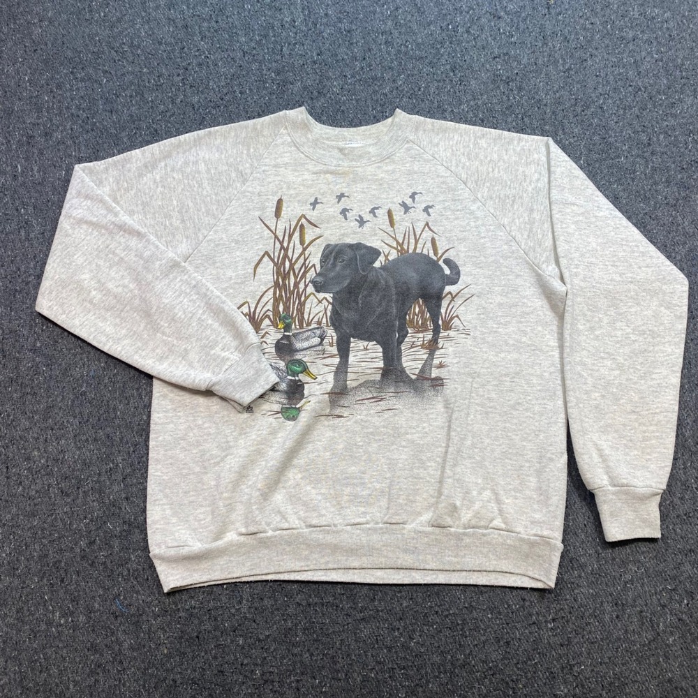 Jerzees Sweatshirt XL Mens Gray Gorpcore Black Lab Duck Hunting Graphic USA Made